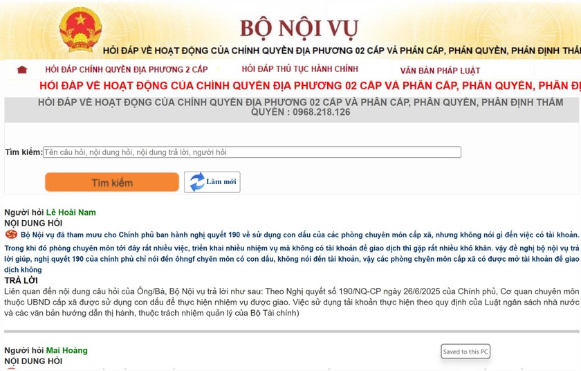 Bộ Nội vụ ra mắt chuyên mục và số điện thoại “Hỏi đáp về hoạt động của chính quyền địa phương hai cấp và phân cấp, phân quyền, phân định thẩm quyền” (Ảnh: VGP).