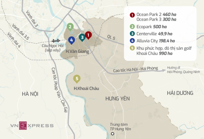 hung-yen-1748829977-8454-1748830006 Các dự án lớn tại Hưng Yên, khu 1 và 2 đã hình thành, khu 3, 4, 5 đang triển khai. Đồ họa: Anh Tú