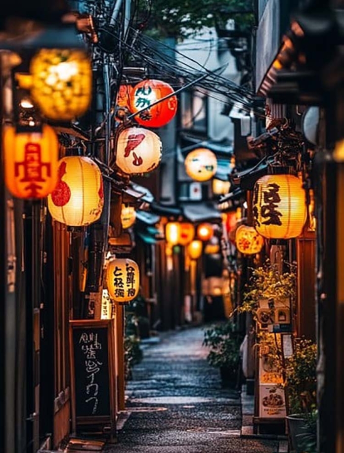 lantern-lit-alleyway-evening-s-4644-7605-1753435430 Một con phố nhỏ treo đèn lồng ở Nhật. Ảnh: Stock Cake